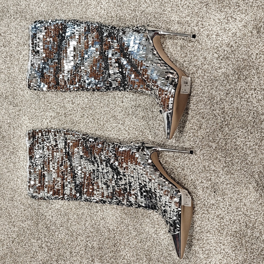 NEW Steve Madden Women's Panther Knee Boots Vegan Sequin Silver Hell Stiletto 9